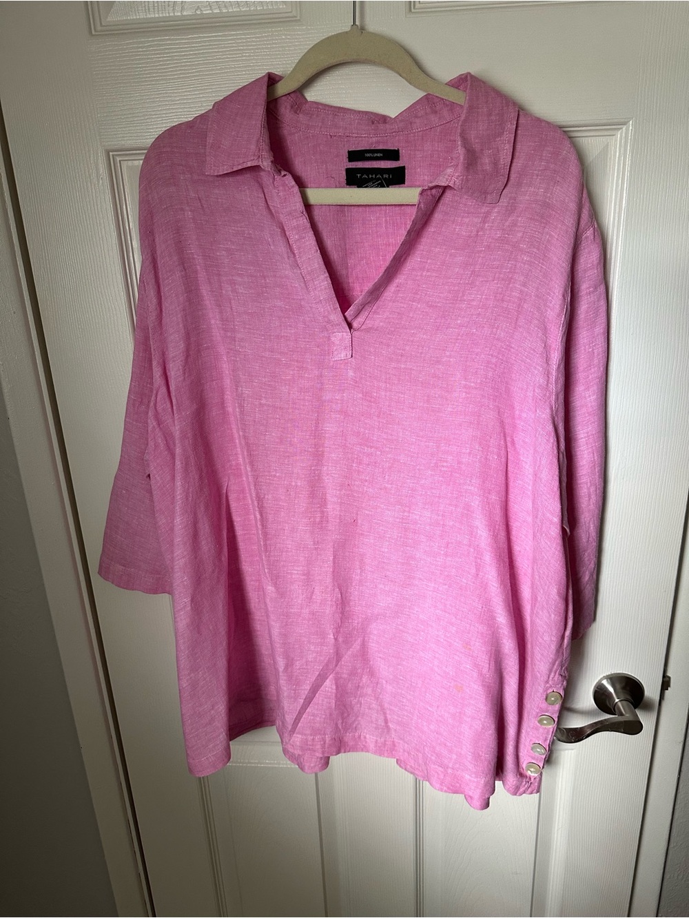 Tahari Pink Linen-Blend V-Neck Blouse